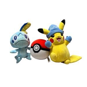 Pokemon Lot of 3 Stuffies/Plush Pikachu, Sobble and Pokeball